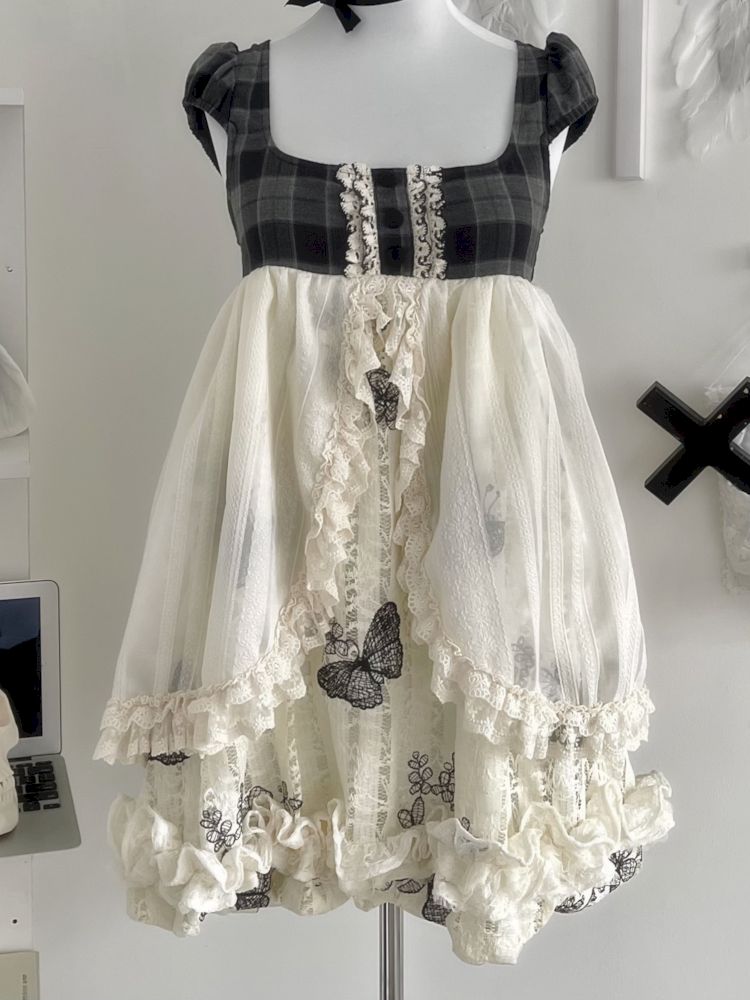 Butterfly Embroidered Lattice Lace Patchwork Antique Doll Dress【s0000008759】