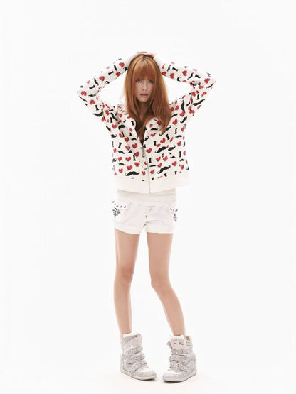 Heart Print Wide Zip Hoodie Jacket【s0000018354】