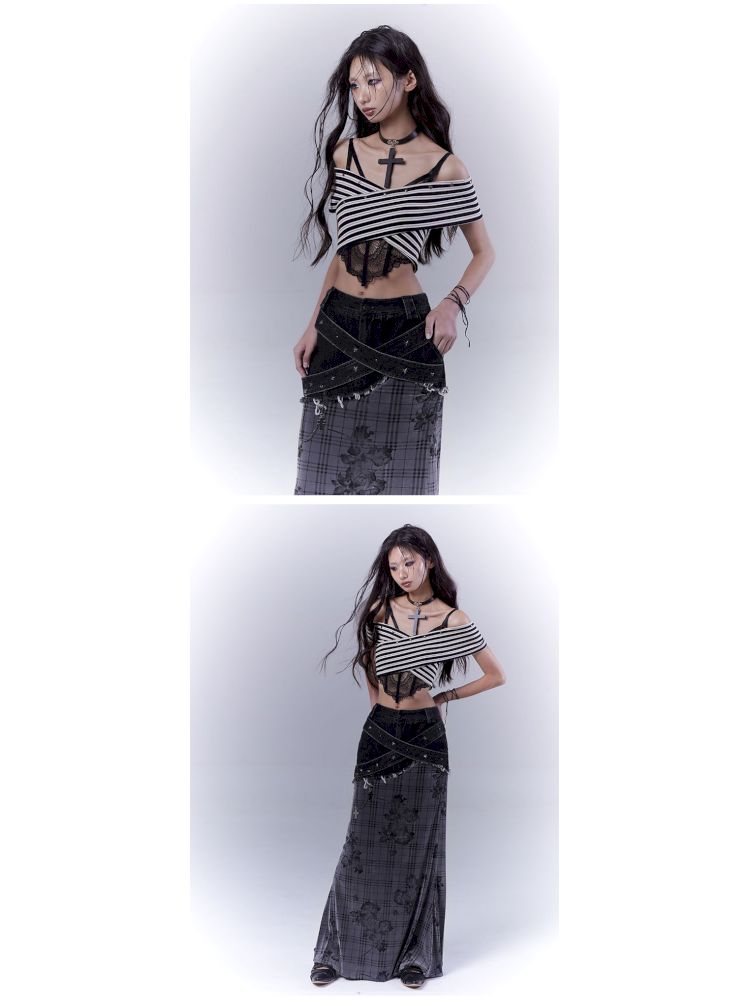 One-shoulder striped hot bustier top【s0000012839】