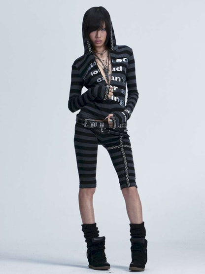 Black Gray Striped Stud Top Set【s0000014667】