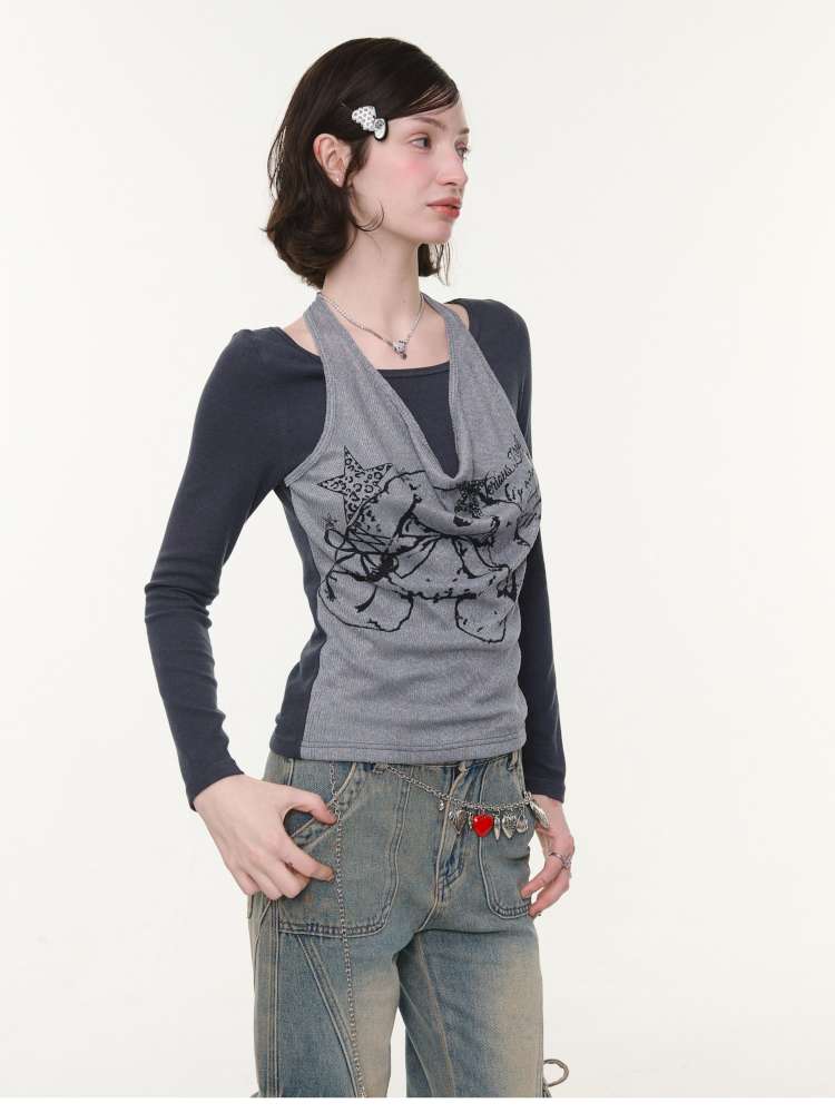 Rabbit Print Slim Halterneck Top【s0000015436】