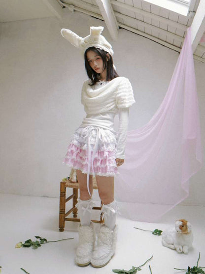 Pink Grid Gradient Lace Short Skirt【s0000014940】