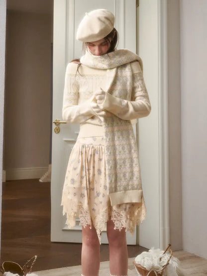 Fresh and Soft Cotton Sweater, Scarf, Floral Skirt【s0000014323】