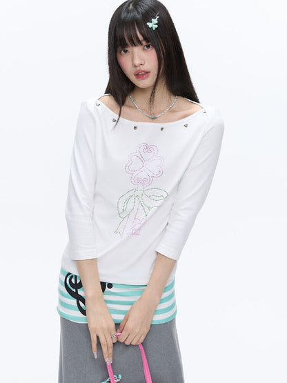 White Clover Hot Bead T-Shirt Top【s0000016408】