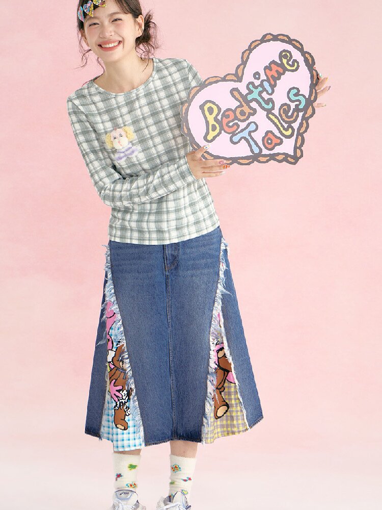 Denim Patchwork Tassel Frayed Plaid Skirt【s0000019253】