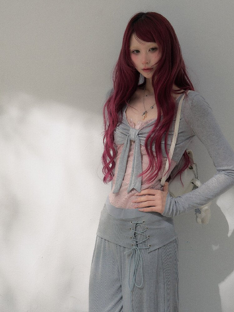 Gray Pink Patchwork Bow Strap Set【s0000019257】