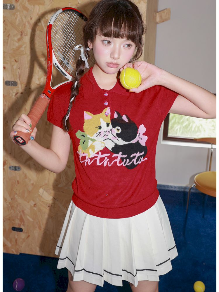 Two-Tone Kitten Knit Short-Sleeve Polo Shirt【s0000013925】