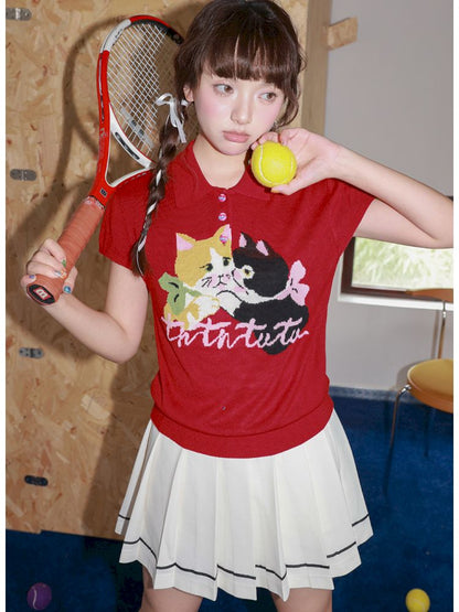 Two-Tone Kitten Knit Short-Sleeve Polo Shirt【s0000013925】