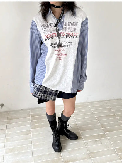 Patchwork Blue Striped Sleeve Shirt【s0000014199】