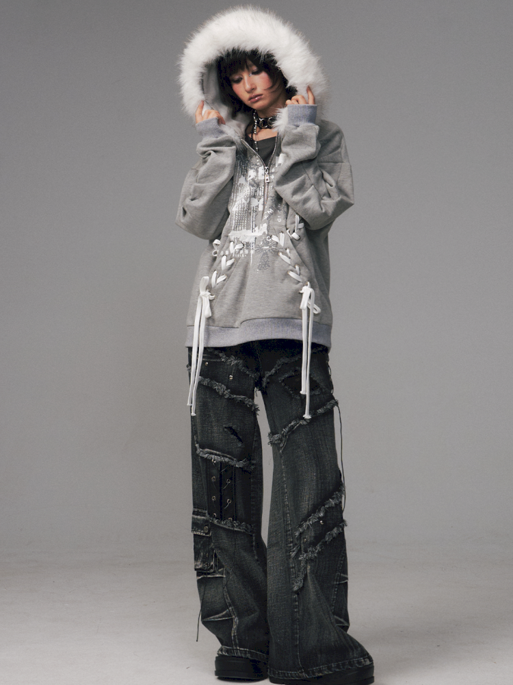 Tie-Front Printed Half-Zip Hoodie【s0000014452】