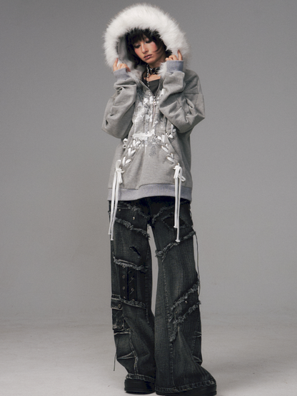 Tie-Front Printed Half-Zip Hoodie【s0000014452】