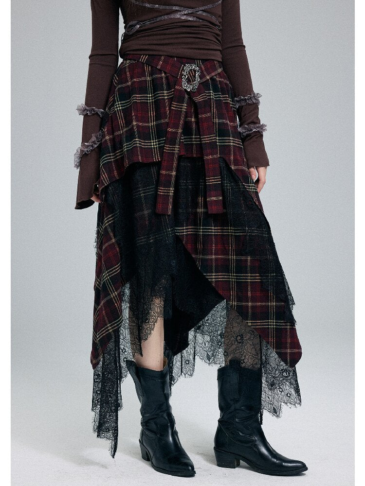 Damaged Plaid Lace Irregular Skirt【s0000016263】
