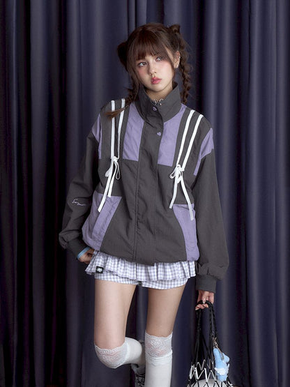 Gray Purple Loose Waterproof Jacket【s0000010117】