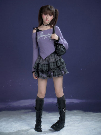 Black Purple Print Fake Two Tee【s0000015469】