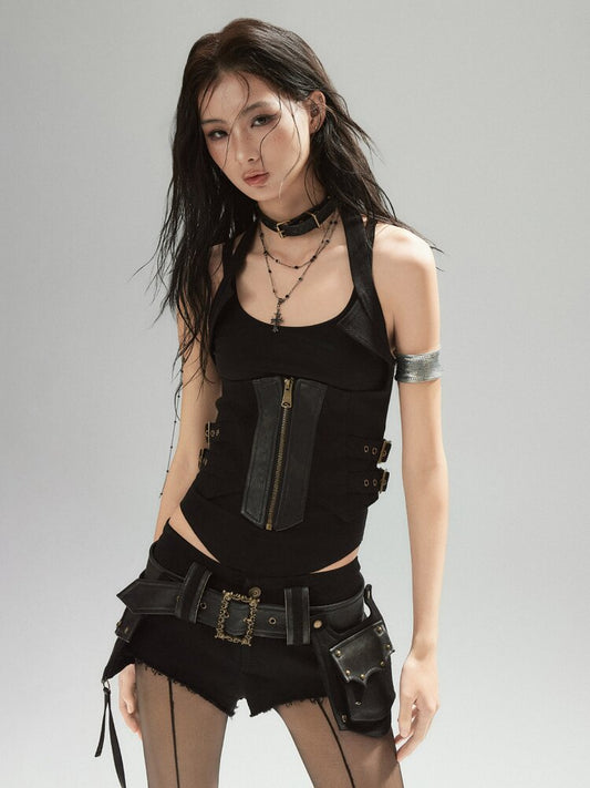 Black Deconstructed Leather Vest【s0000015603】