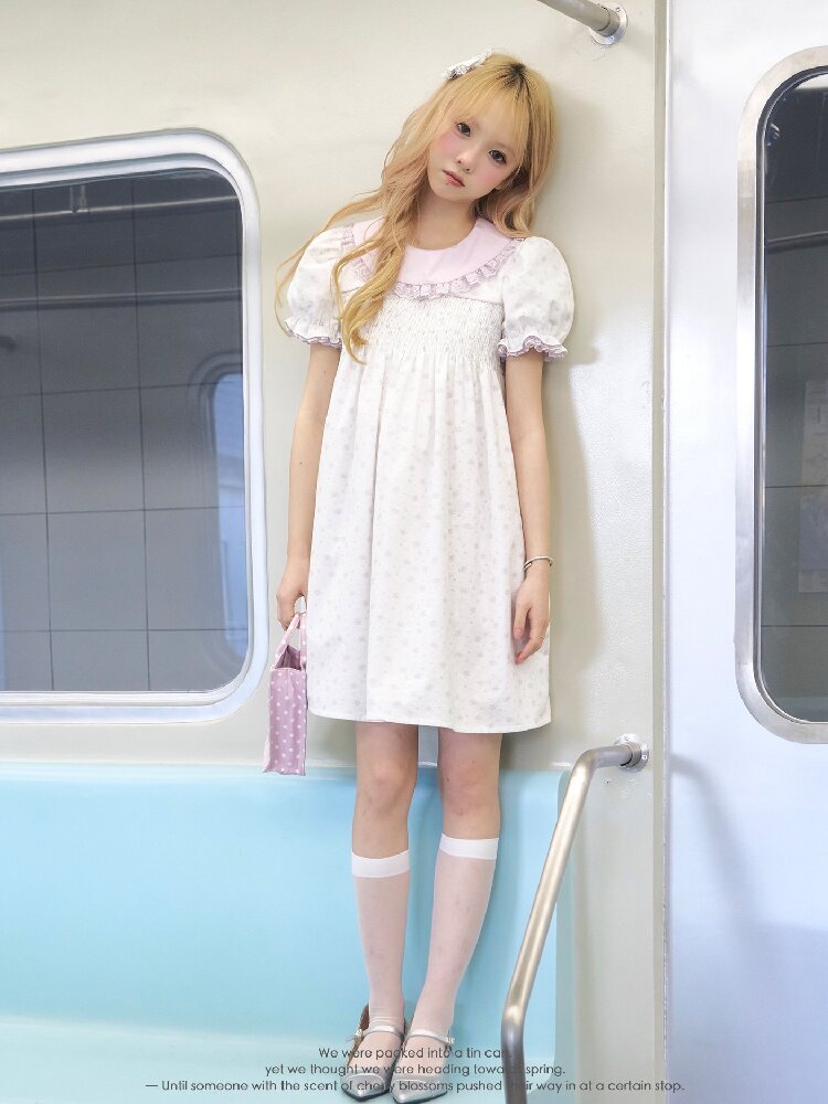 Purple Floral Puff Sleeve Dress【s0000016363】
