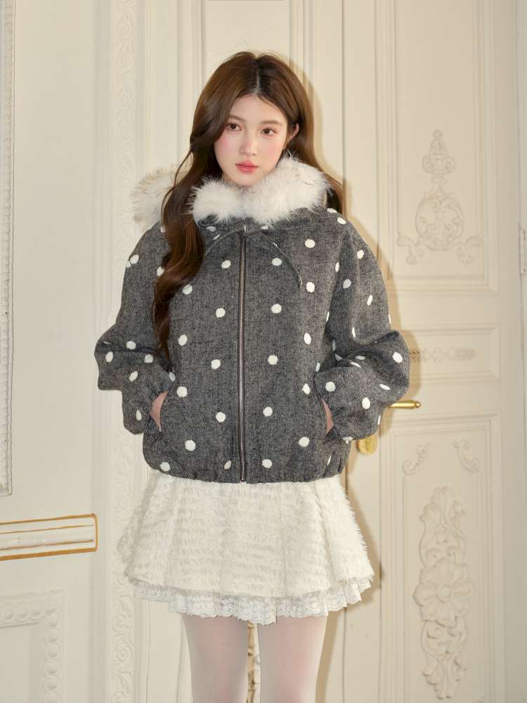 Plush Polka Dot Hooded Wool Coat【s0000015048】