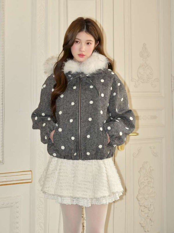 Plush Polka Dot Hooded Wool Coat【s0000015048】