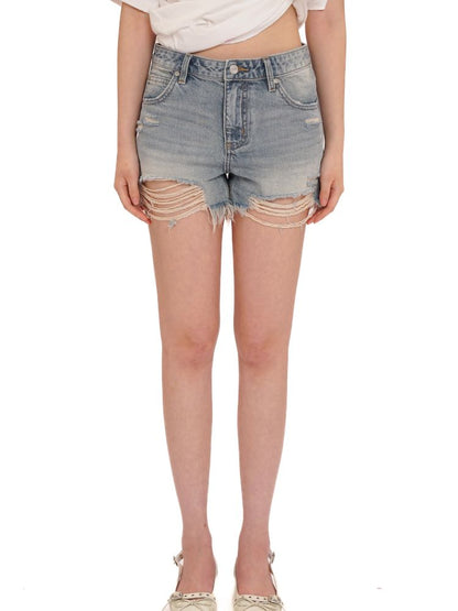 Leather label denim super short pants【s0000013435】