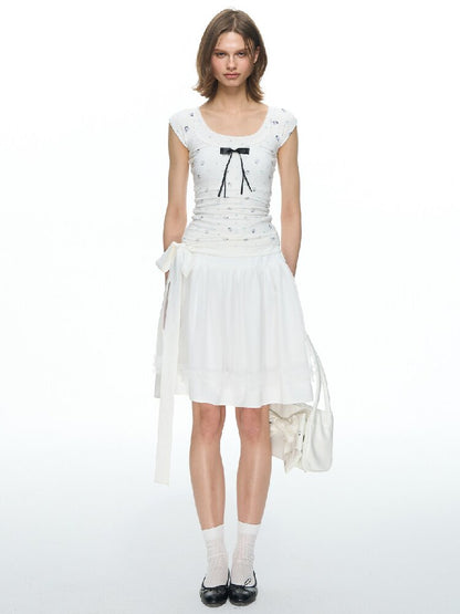White Bow Strap Lace A-line Skirt【s0000015857】