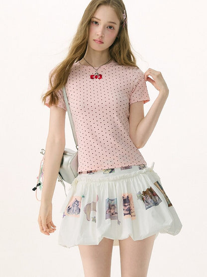 Polka Dot Bow Slim Short Sleeve T-Shirt【s0000016854】