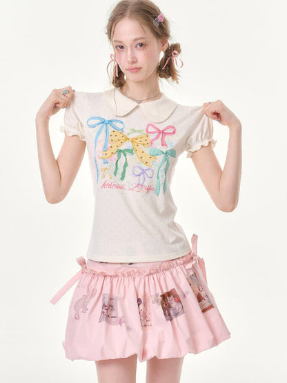 Puff Sleeve Bow Print T-Shirt【s0000016617】