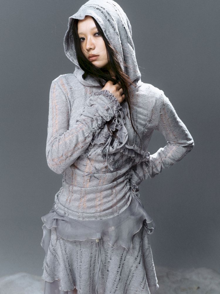 Ruffle Misty Blue Hooded Tunic【s0000012642】