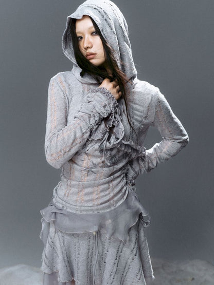 Ruffle Misty Blue Hooded Tunic【s0000012642】