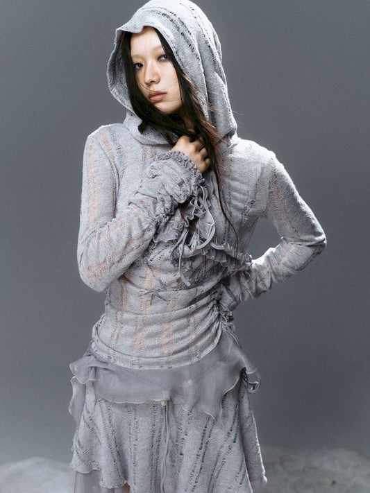 Ruffle Misty Blue Hooded Tunic【s0000012642】