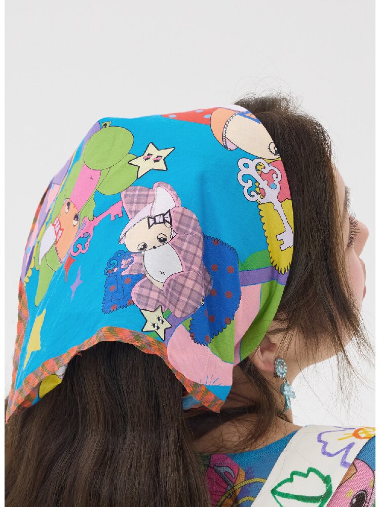 Blue Cartoon Printed Cotton Scarf【s0000016191】