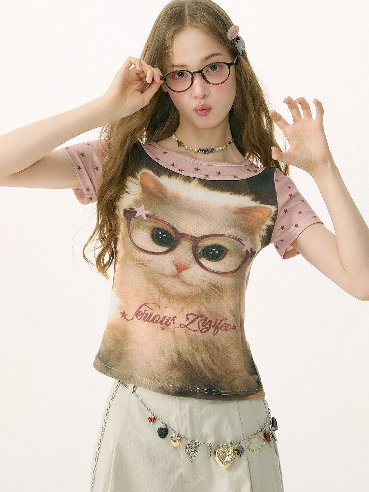 Retro Vintage Cat Print T-Shirt【s0000016855】