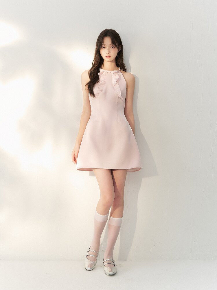 Glossy Satin Ruffled Halter Dress【s0000016873】