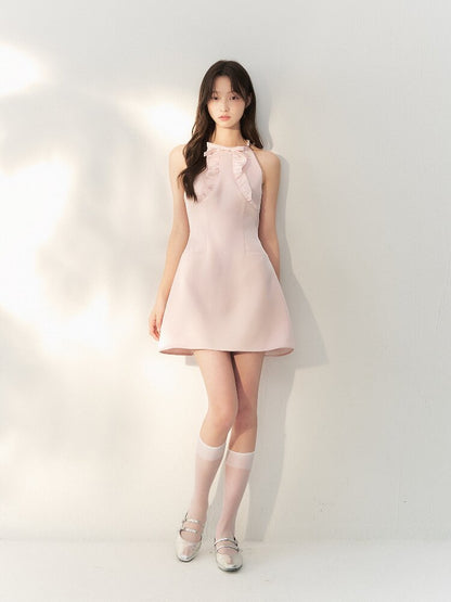 Glossy Satin Ruffled Halter Dress【s0000016873】