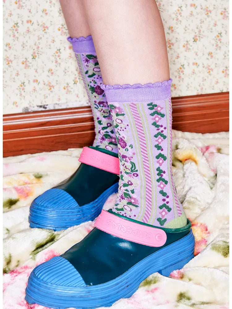 Striped Floral Mid-Calf Socks【s0000014151】