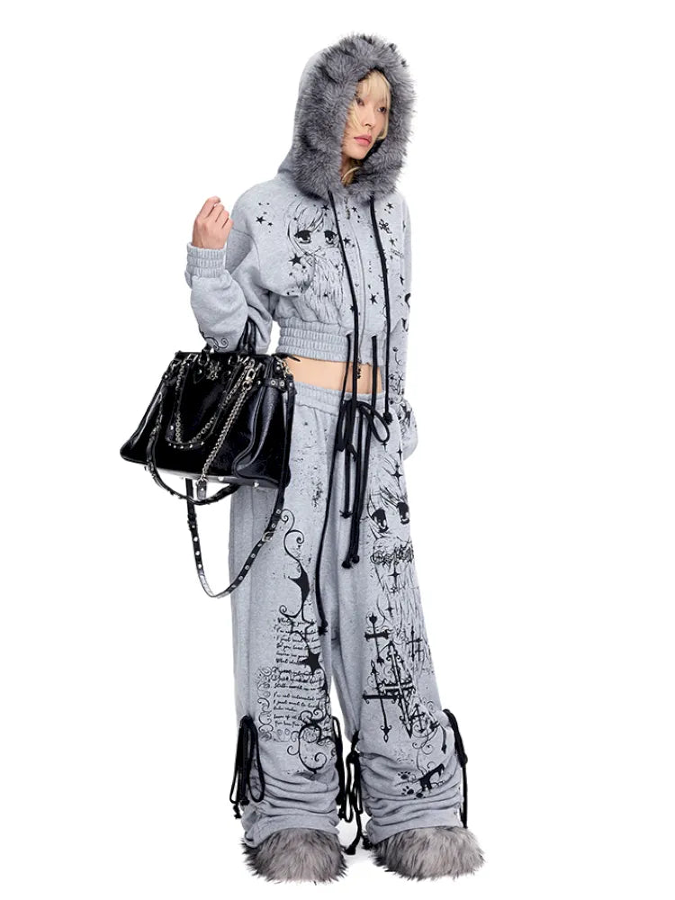 Doodle Print Puffy Drawstring Sweatpants【s0000014092】