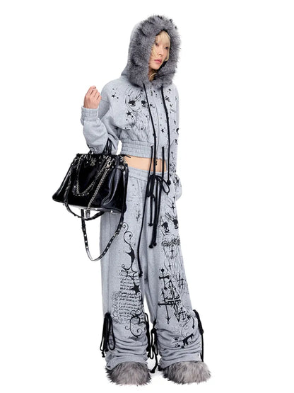 Doodle Print Puffy Drawstring Sweatpants【s0000014092】