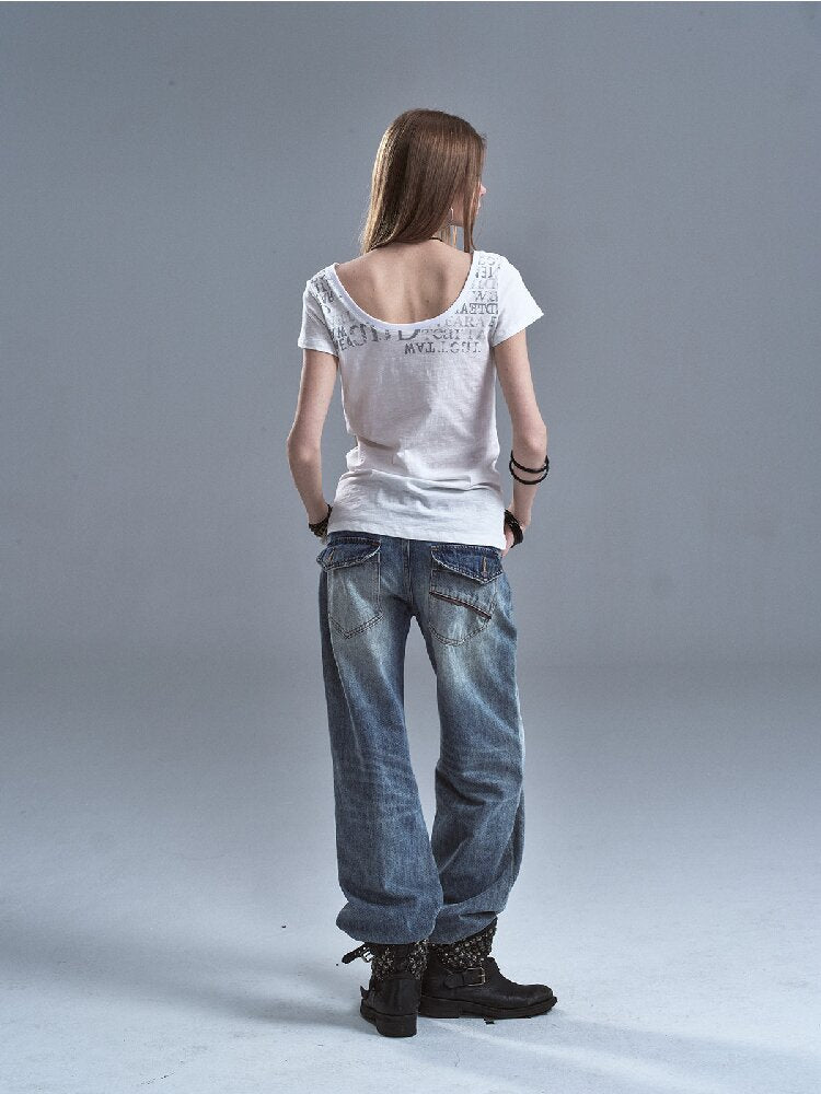 V-neck Letter Print Cotton T-shirt【s0000016638】