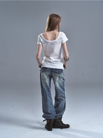 V-neck Letter Print Cotton T-shirt【s0000016638】