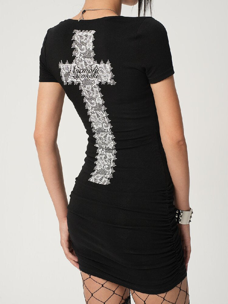 Lace Cross Print V-Neck Dress【s0000017469】