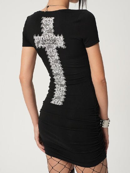 Lace Cross Print V-Neck Dress【s0000017469】
