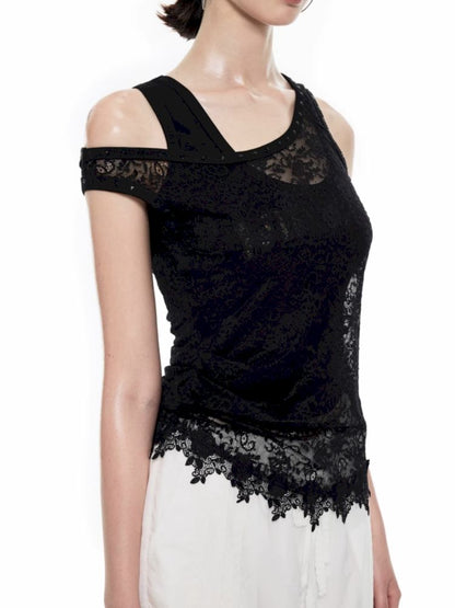 Slant Shoulder Asymmetric Lace See Through Overlay Vest【s0000009708】