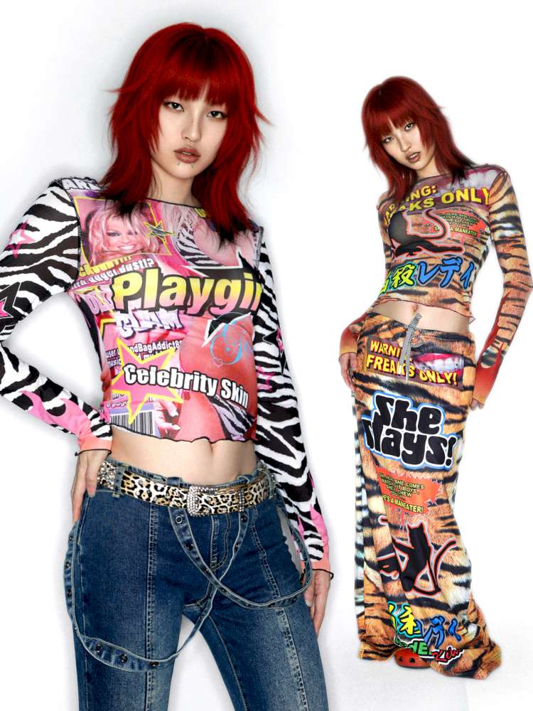 Y2K Millennium Print Long Sleeve Mesh Top【s0000014915