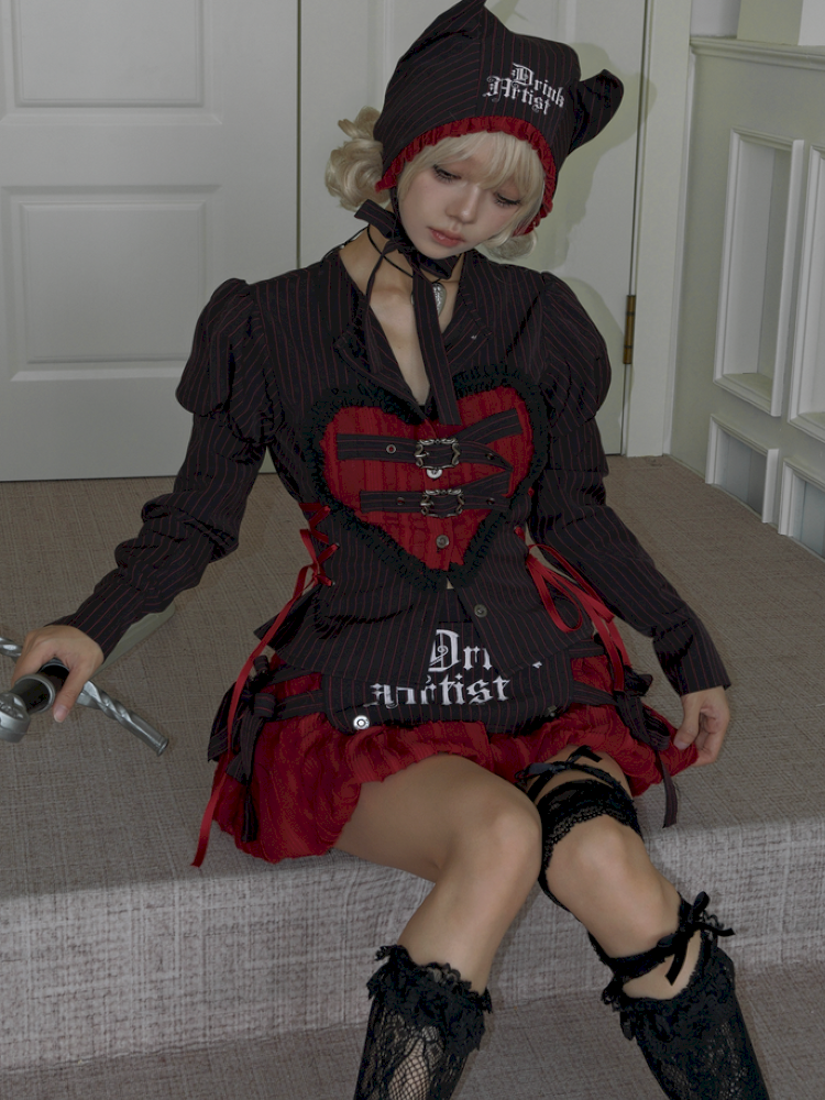 Lace-Up Striped Puff-Sleeve Lantern Skirt Shirt【s0000014435】