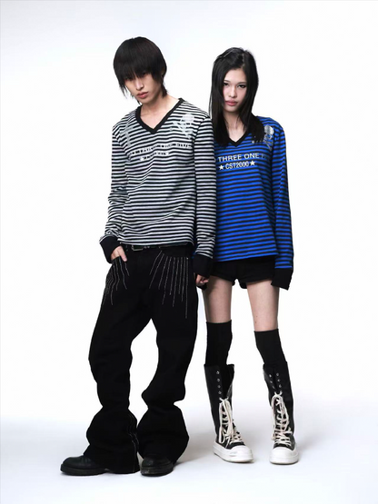 Striped V Neck Skull Long Sleeve【s0000018203】