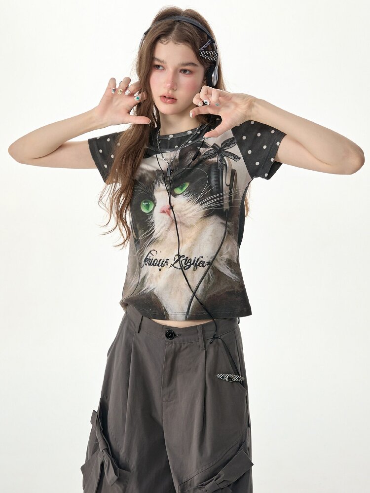 Vintage Polka Dot Cat Print T Shirt【s0000017312】