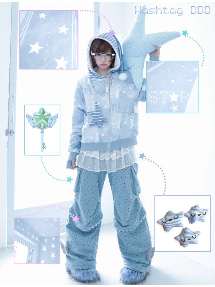 Ghost Horse Star Print Diagonal Zip Jacket【s0000014691】