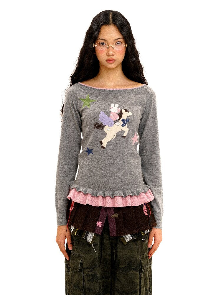 Lace Horse Rabbit Neckline Sweater【s0000016095】