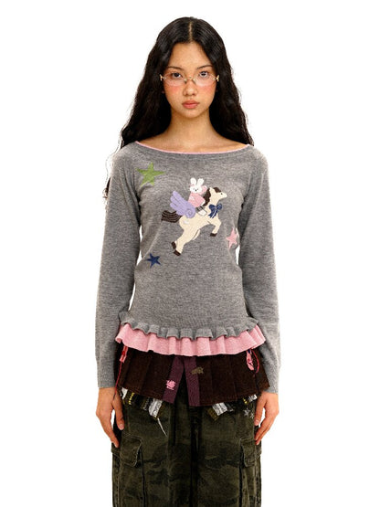 Lace Horse Rabbit Neckline Sweater【s0000016095】