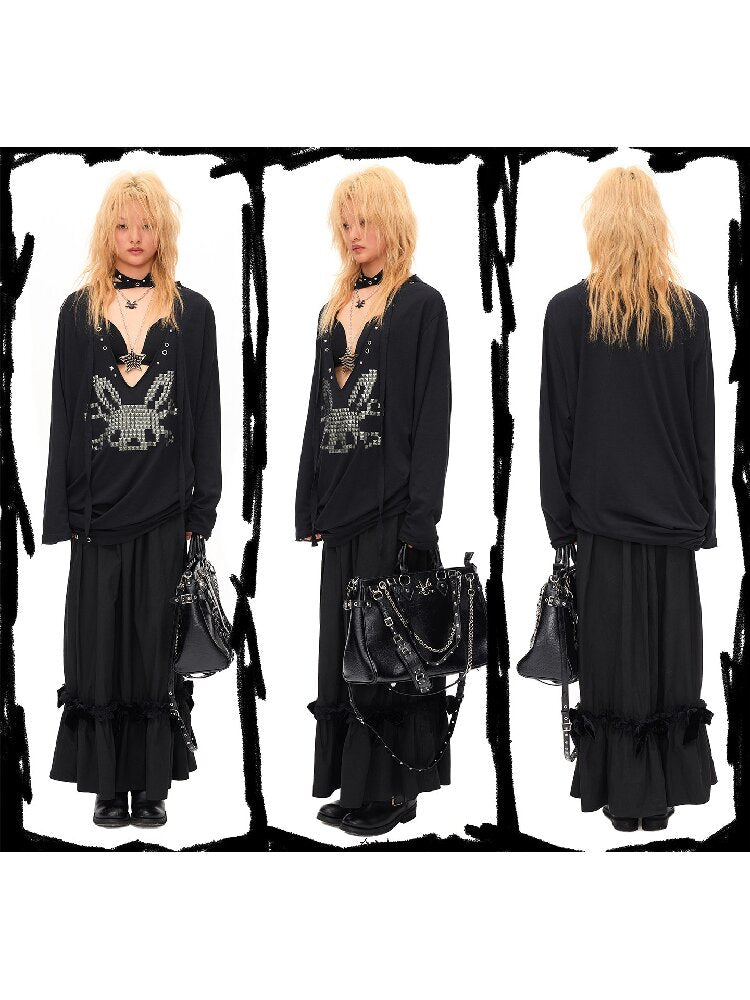 Studded Rabbit Skull Pleated Top【s0000016489】