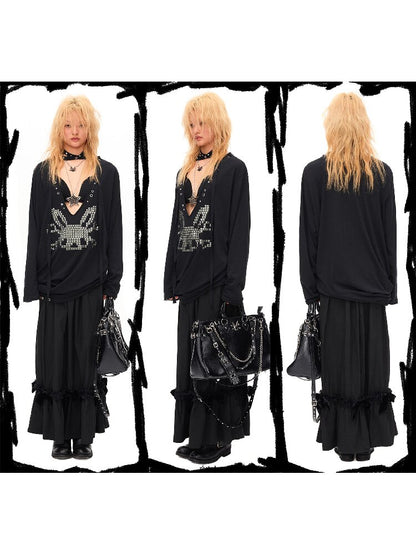 Studded Rabbit Skull Pleated Top【s0000016489】